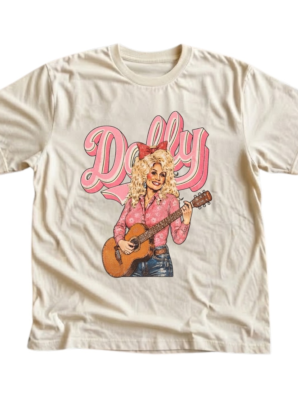 Dolly Country Music Guitar Graphic Cream Gildan T-Shirt